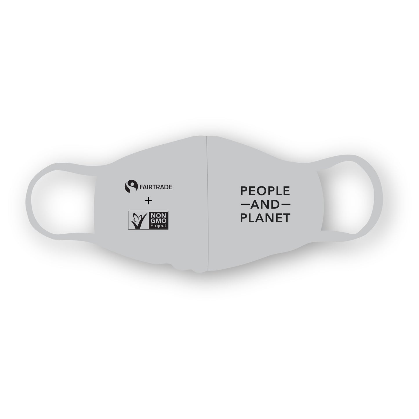 Non-GMO Project face mask with logo, fairtrade logo, and text "PEOPLE AND PLANET"