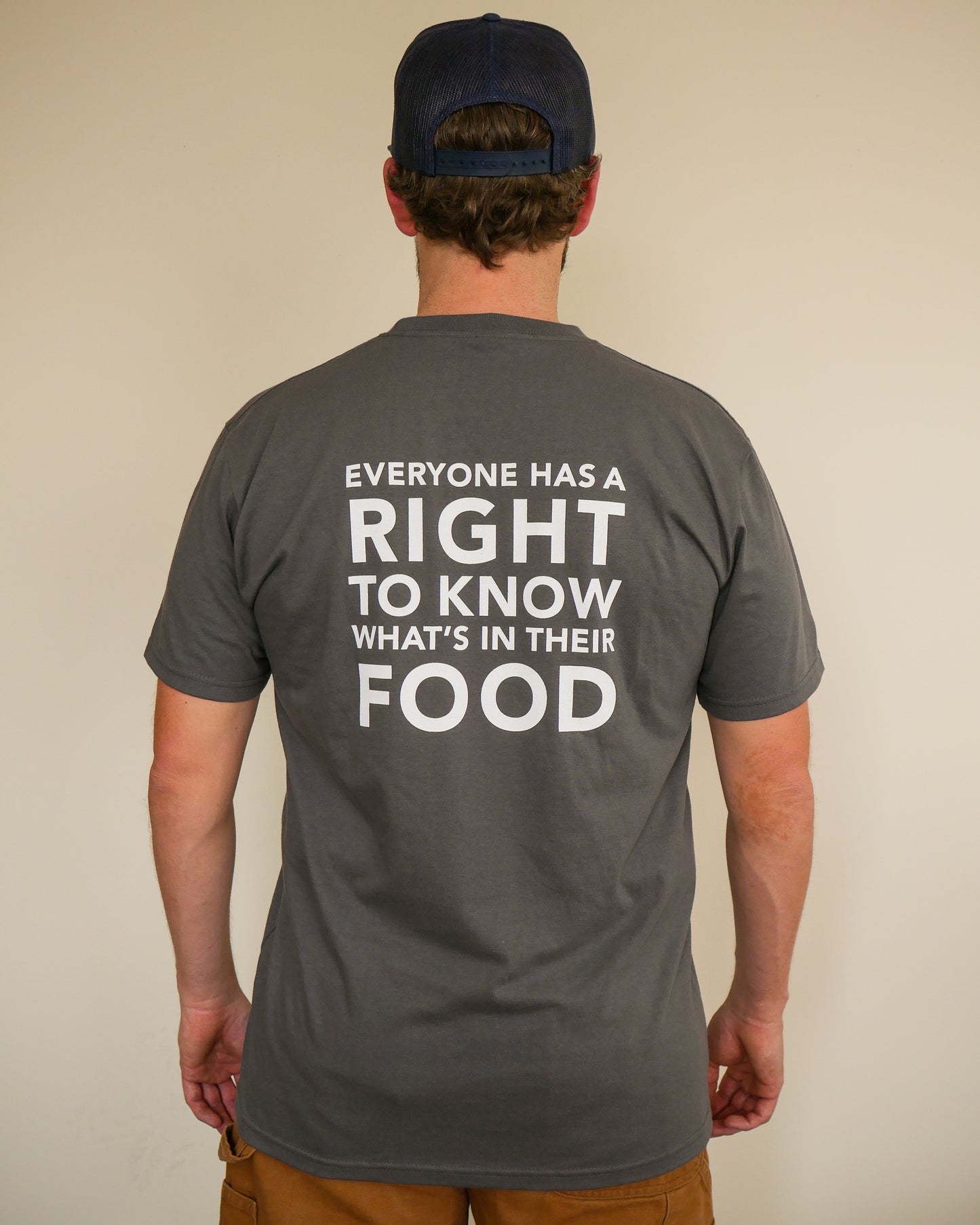 Non-GMO Project gray t-shirt back with quote "Everyone has a right to know what's in their food"