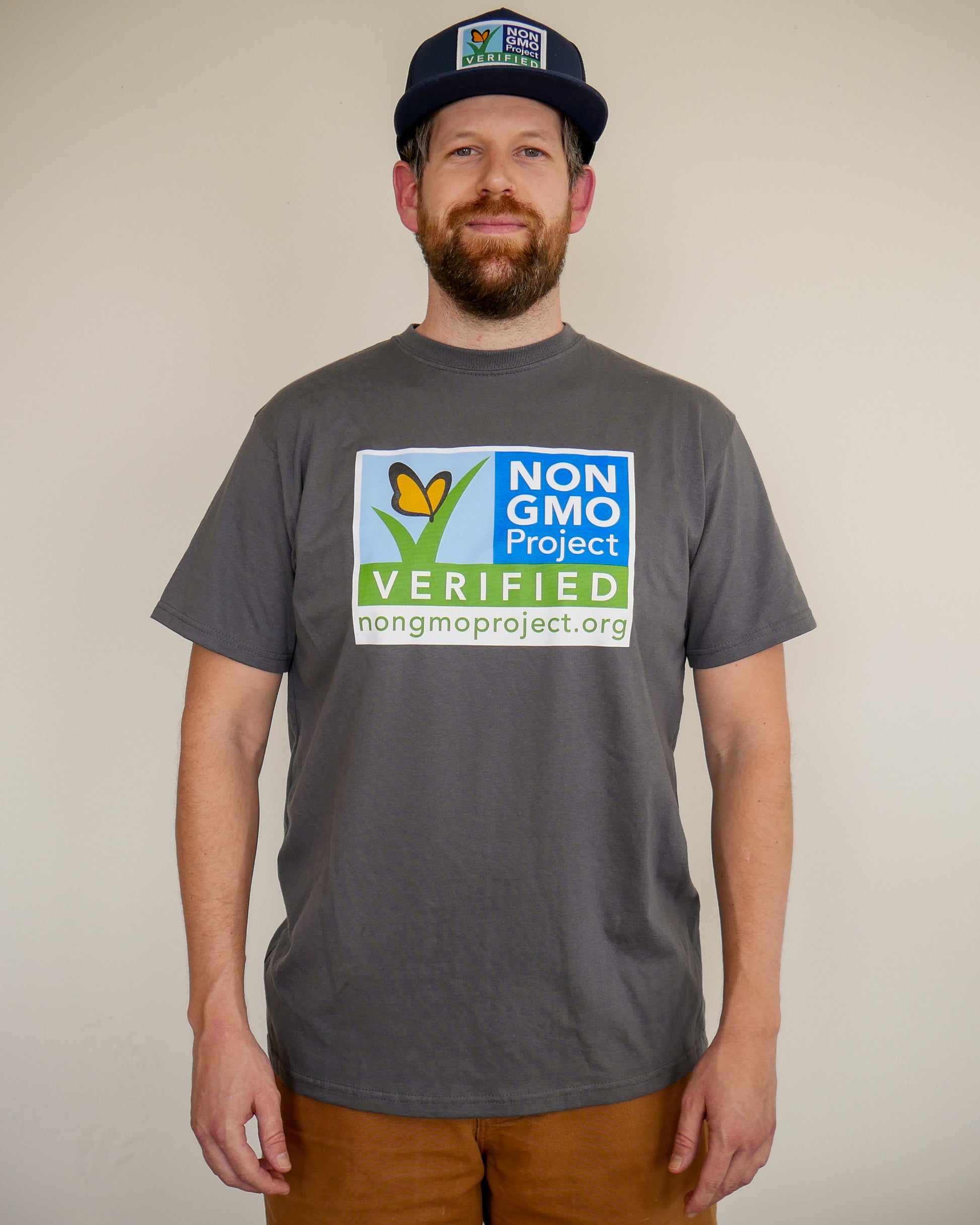 Non-GMO Project gray t-shirt front with  large logo on chest