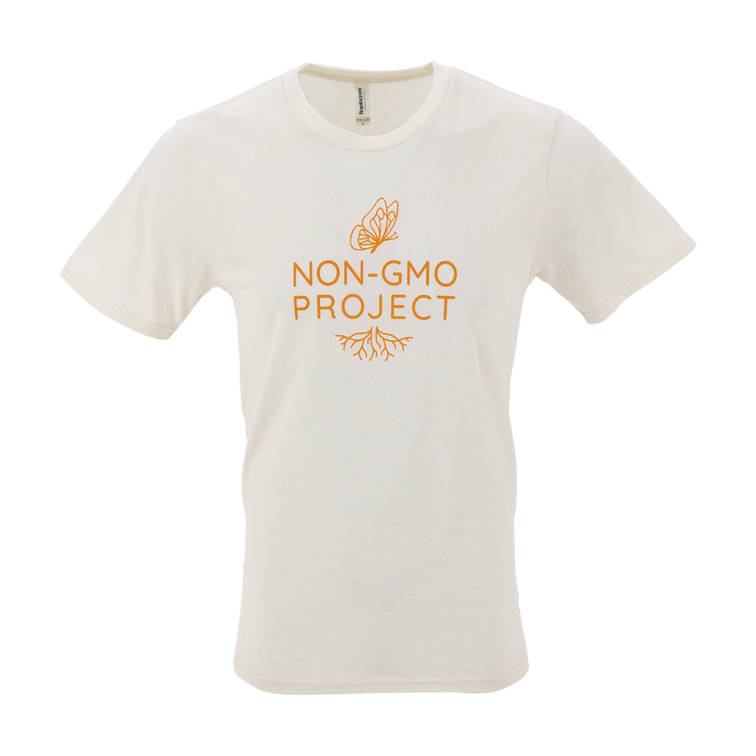  Non-GMO Project t-shirt front with orange "Non-GMO Project", butterfly, and roots
