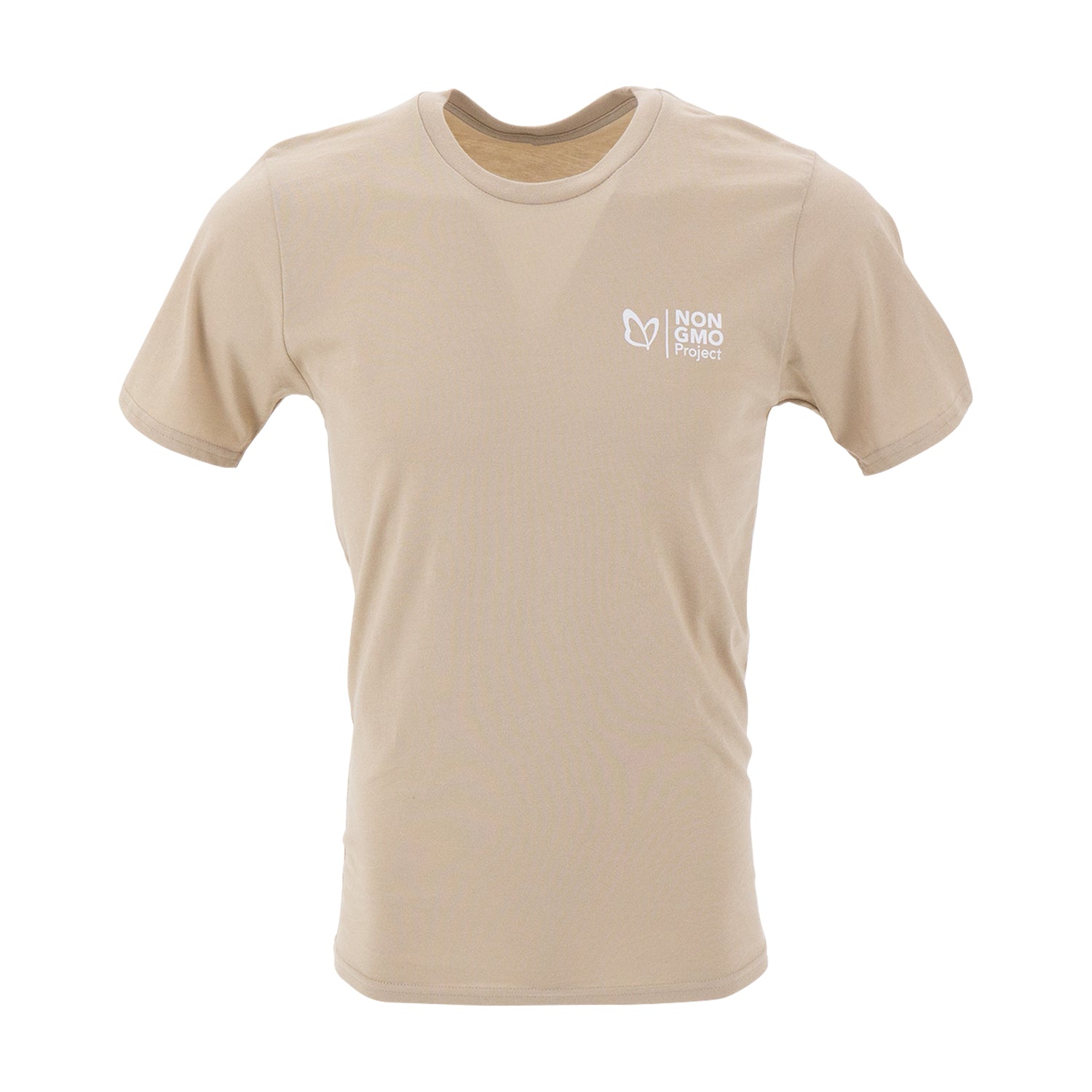 Non-GMO Project t-shirt front, with butterfly logo on left chest area