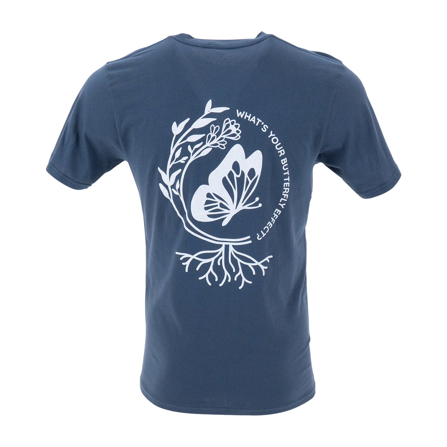 Non-GMO Project navy t-shirt back with illustrations of leaves, roots, butterfly and the quote "What's your butterfly effect?"