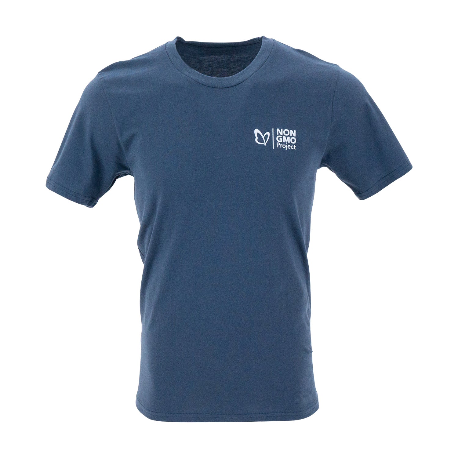 Non-GMO Project navy blue t-shirt front, with logo on chest area