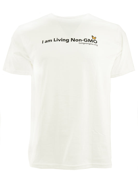Non-GMO Project t-shirt front with quote "I am Living Non-GMO" with livingnongmo.org underneath